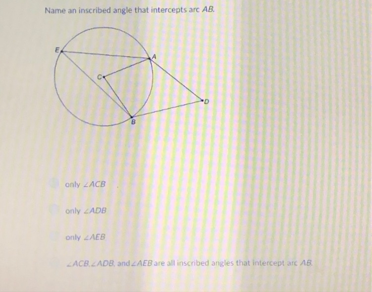 Name an inscribed angle that intercepts arc AB.-example-1