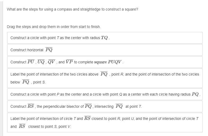 What are the steps for using a compass and straightedge to construct a square? Drag-example-1