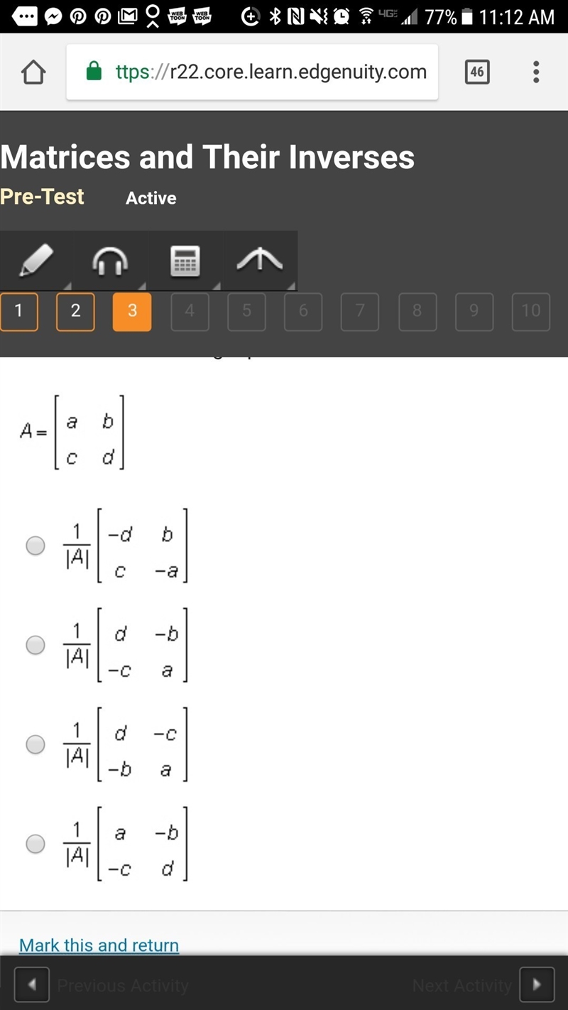 Which of the following represents the inverse of the matrix below?-example-1