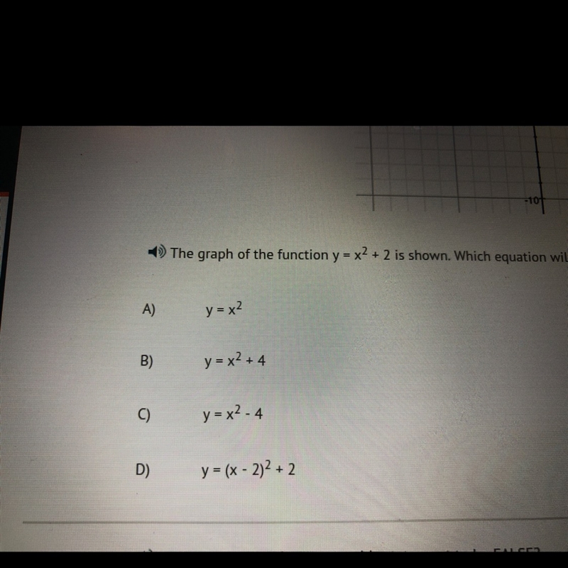 The graph of the function y=x^2+2 is shown. Which equation will shift the graph of-example-1