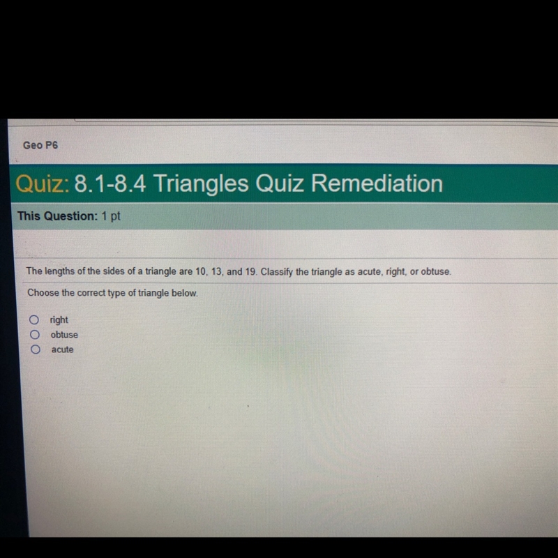 The lengths of the sides of a triangle are 10, 13, and 19. Classify the triangle as-example-1