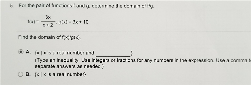 For the pair of functions f and g determine the domain of f o g-example-1