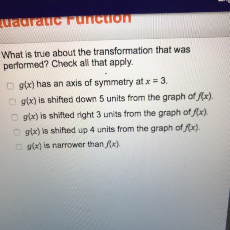 The parent function f(x)=x^2 is translated such that the function g(x)=-x^2+6x-5 represented-example-1