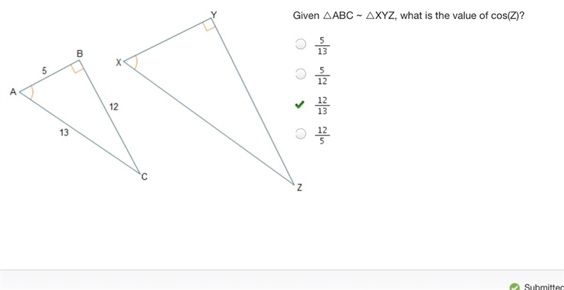 Given △ABC ~ △XYZ, what is the value of cos(Z)? I need help understanding why this-example-1