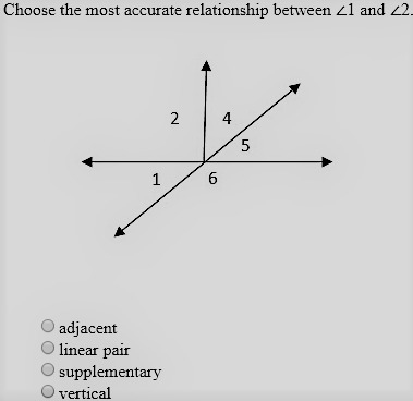 Choose the most accurate relationship between ∠1 and ∠2. A. Adjacent B.Linear pair-example-1