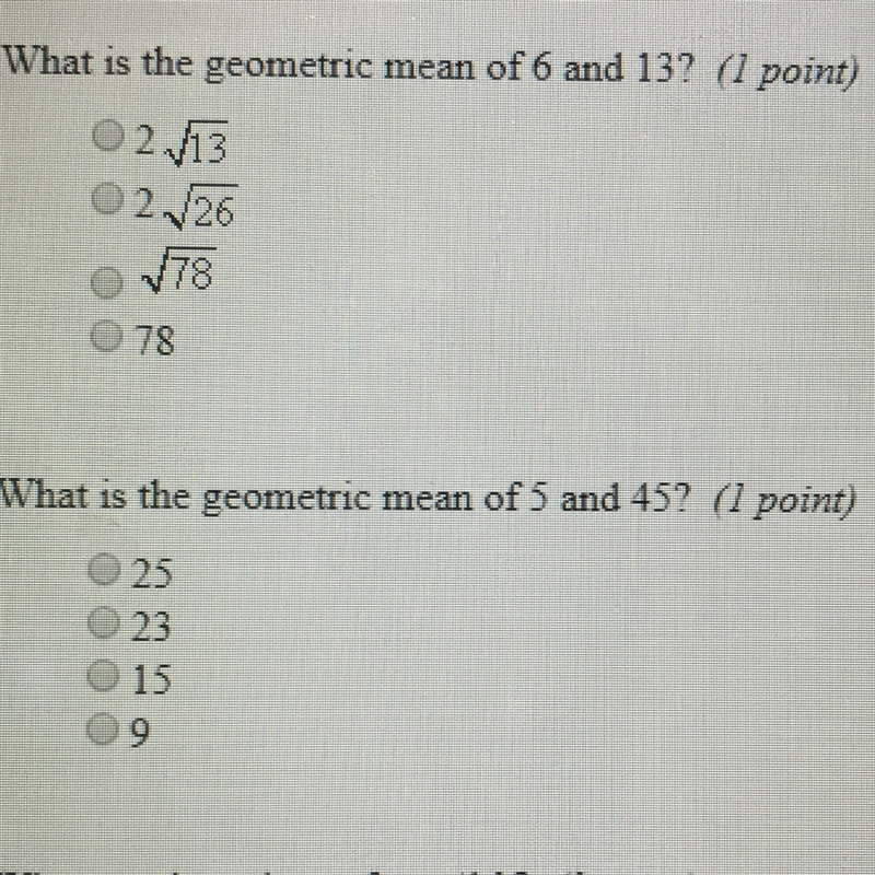 What is the geometric mean of 6 and 13? What is the Geometric mean a 5 and 45?-example-1