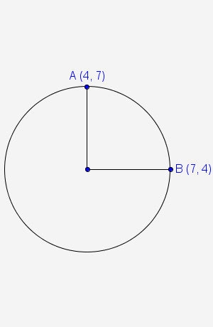 What is the general form of the equation for the given circle? A (4, 7) B (7,4) 1.x-example-1