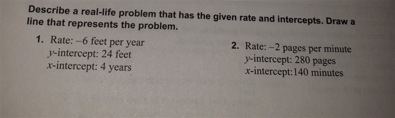 describe a real life problem that has the given rate in intercepts draw a line that-example-1