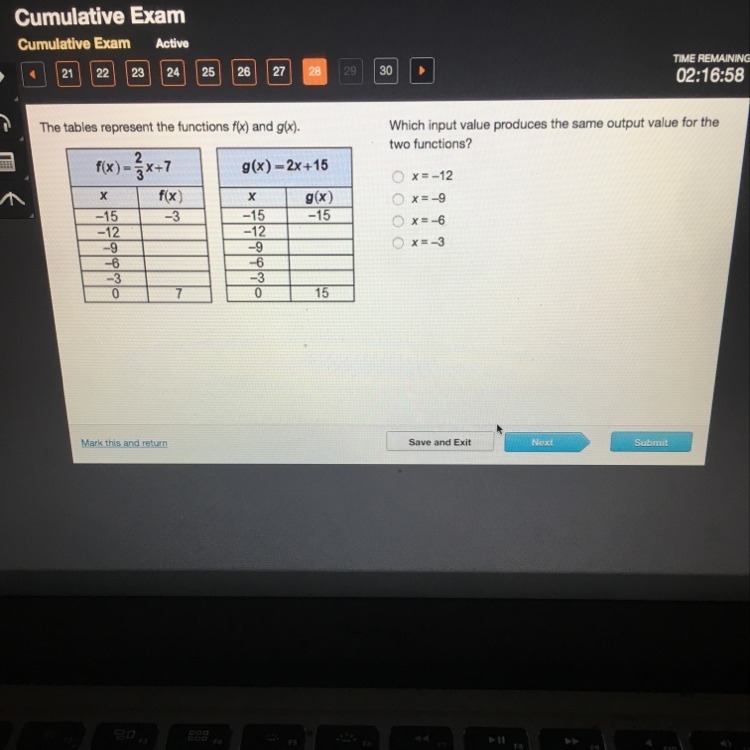 Which input value produces the same output value for the two functions-example-1