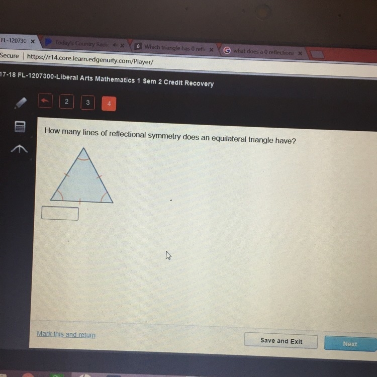 How many lines of a reflectional symmetry does a equilateral triangle have?-example-1