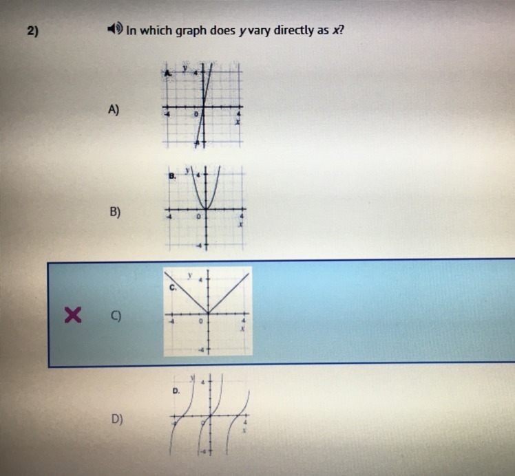 In which graph does y vary directly as x? It’s not C, I got it wrong.-example-1