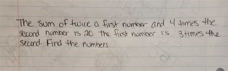 The sum of twice a first number and 4 times the second number is 20. The first number-example-1