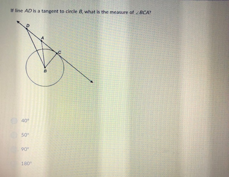 If the line AD is a tangent to circle B, what is the measure of BCA?-example-1