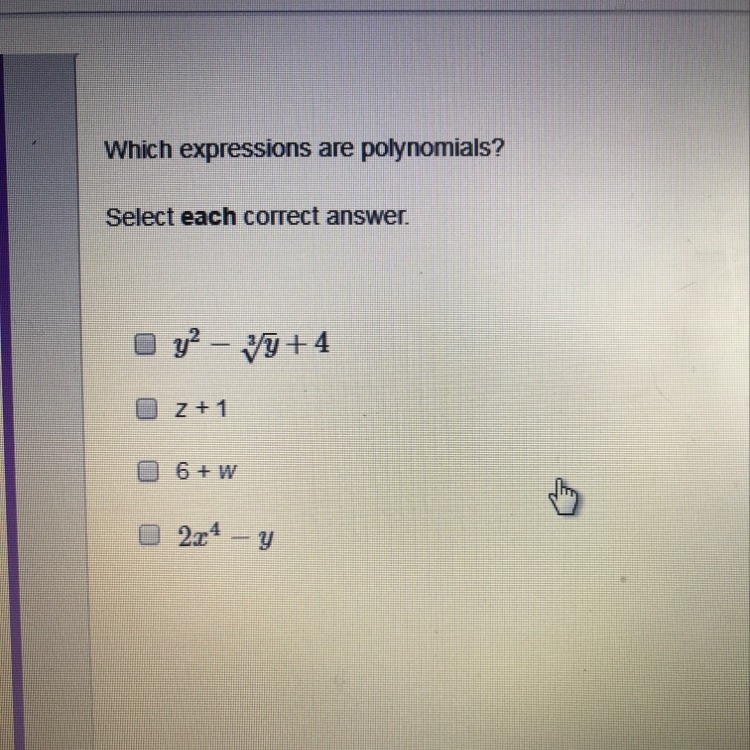 Which expressions are polynomials?-example-1