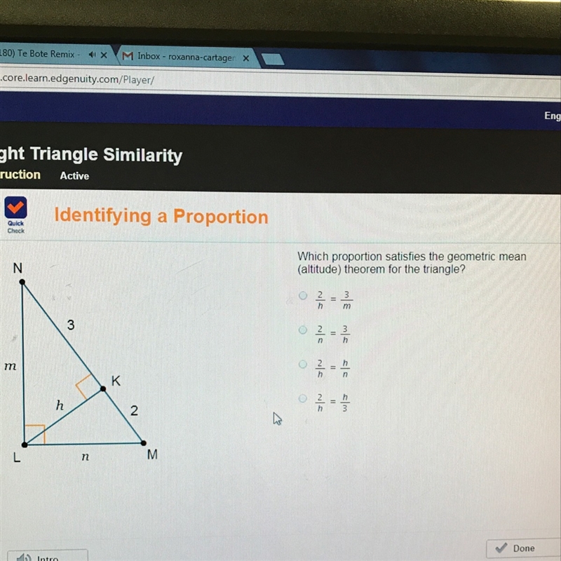 Which proportion satisfies the geometric mean (altitude) theorem for the triangle-example-1