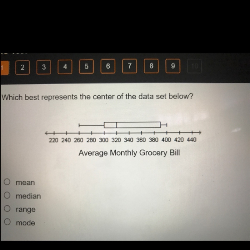 Which best represents the center of the data set below ? mean median range mode-example-1