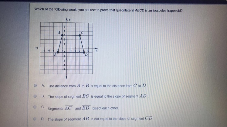 Which would you NOT use to prove that this is an isosceles trapezoid?-example-1