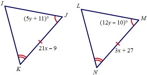 Find the length of JK and the measure of M. A. JK=26, m=33 B. JK=26, m=54 C. JK=33, m-example-1