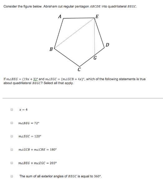 Consider the figure below. Abraham cut regular pentagon ABCDE into quadrilateral BEGC-example-1