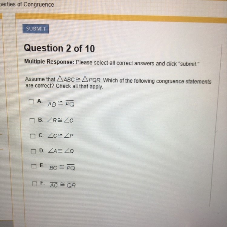 Assume abc=pqr which of the following congruence statements are correct?Check all-example-1