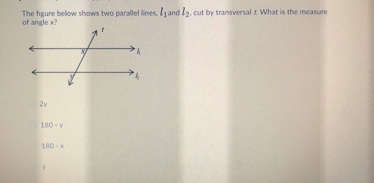 What is the measure of angle x? 2y 180 - y 180 - x Y-example-1