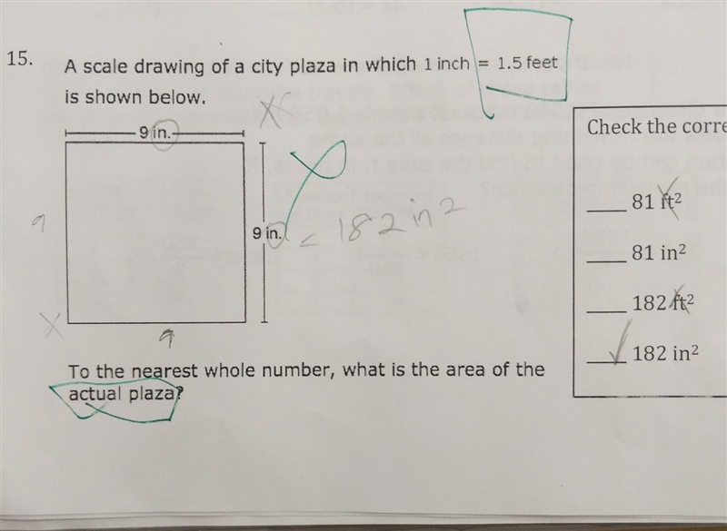 a scale drawing of a city plaza in which 1inch=1.5ft is shown below to the nearest-example-1