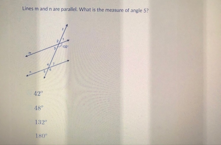 Lines m and n are parallel. What is the measure of angle 5? 30° 45° 60° 90°-example-1