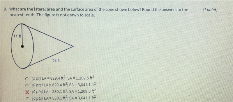 What are the lateral area and the surface of the cone shown below?-example-1