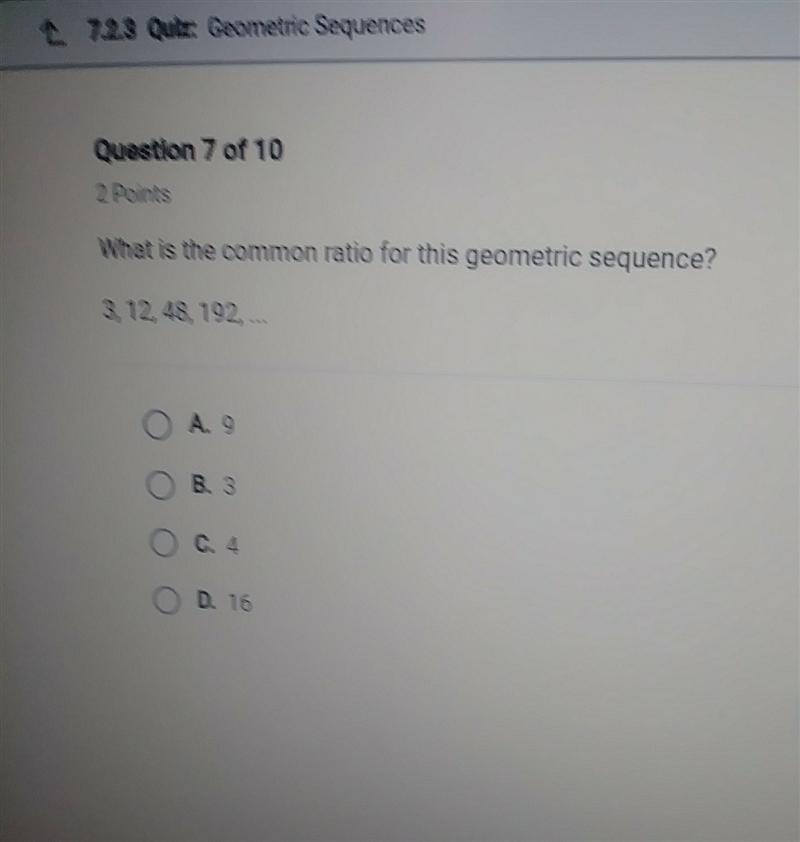 What is the common ratio for this geometric sequence? 3,12,48,192..-example-1