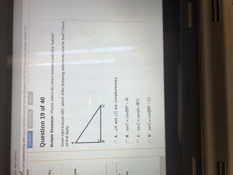 Given right triangle ABC, which of the following statements must be true?-example-1