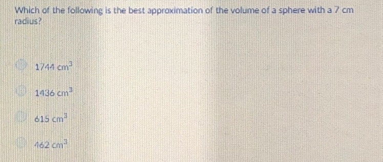 Which of the following is the best approximation of the volume of a sphere with a-example-1