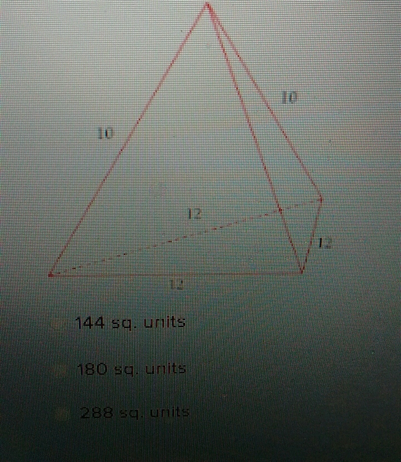 Find the lateral area for the pyramid with the equilateral base. 144 180 288-example-1