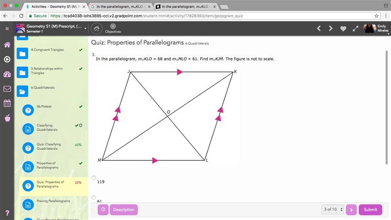 In the parallelogram, m∠KLO = 68 and m∠MLO = 61. Find m∠KJM. The figure is not to-example-1