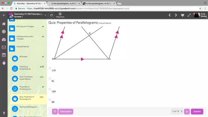 In the parallelogram, m∠KLO = 68 and m∠MLO = 61. Find m∠KJM. The figure is not to-example-2