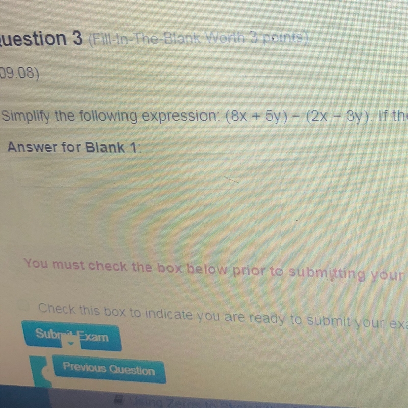 Simplify the following expression (8x + 5y) - ( 2x -3y)-example-1