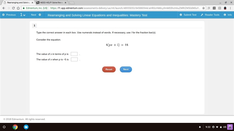 The value of x in terms of p is . The value of x when p is −5 is .-example-1