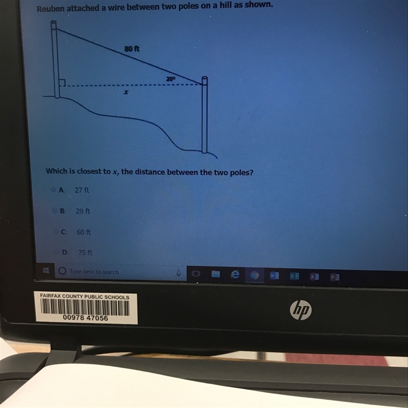 Reuben attached a wire between two poles on a hill as shown which is the closest to-example-1