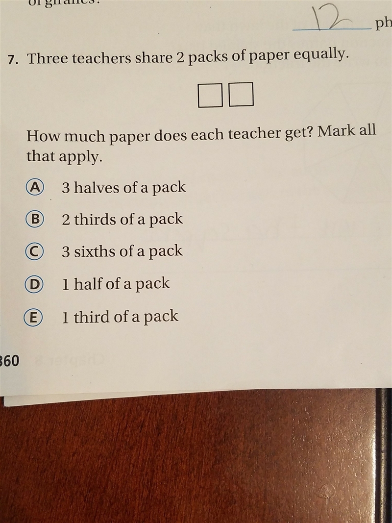 Three teachers share 2 packs of paper equally how much paper does each teacher get-example-1