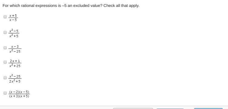 For which rational expressions is –5 an excluded value? Check all that apply.-example-1