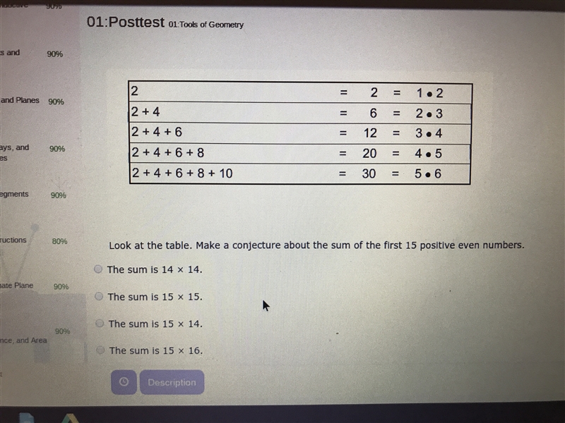 Look at the table. Make a conjecture about the sum of the first 15 positive even numbers-example-1