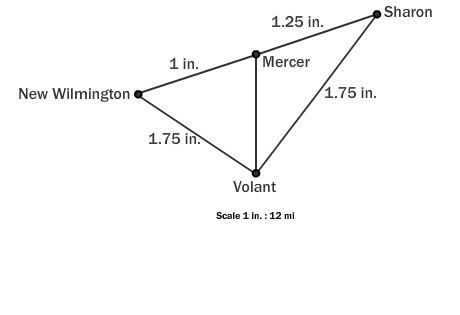 Use the scale and map measurements to find the actual distance from New Wilmington-example-1