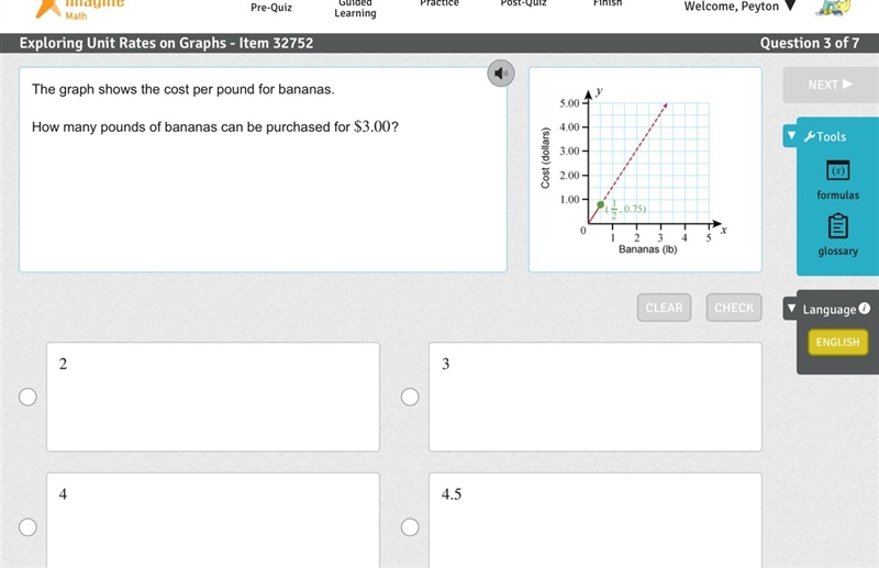 The graph shows the cost per pound for bananas. How many pounds of bananas can be-example-1