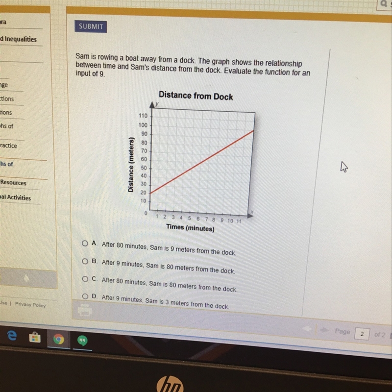 Dam is rowing a boat away from a dock the graph shows the relationship between the-example-1