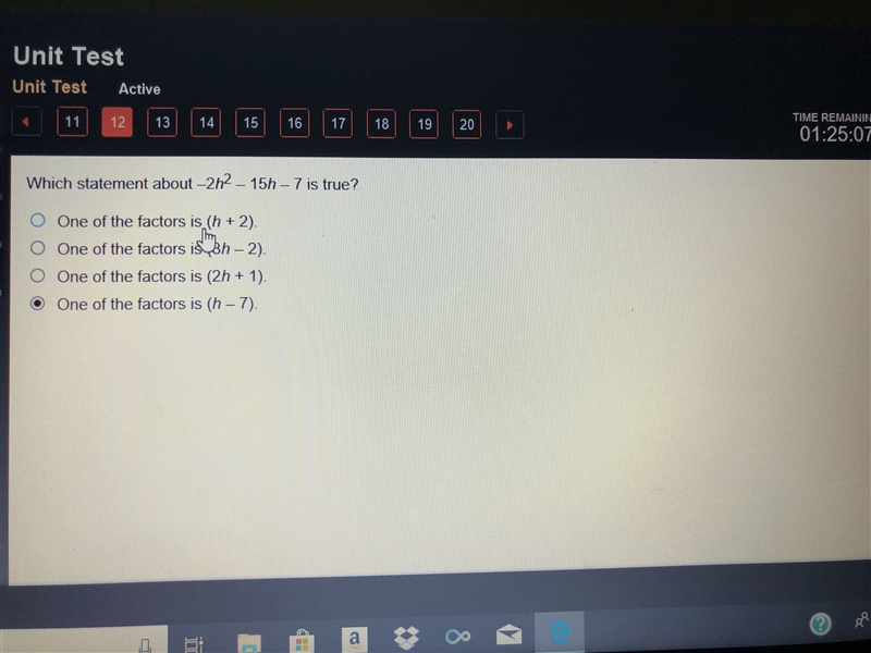 What statement about -2h^2 - 15h - 7 is true?-example-1