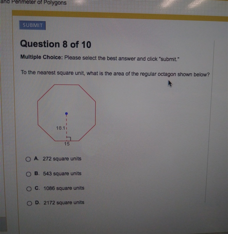 To the nearest square unit, what is the area of the regular octagon shown below-example-1