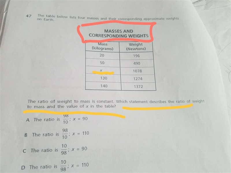 Which statement describes the ratio of weight to mass and the value of x in the table-example-1