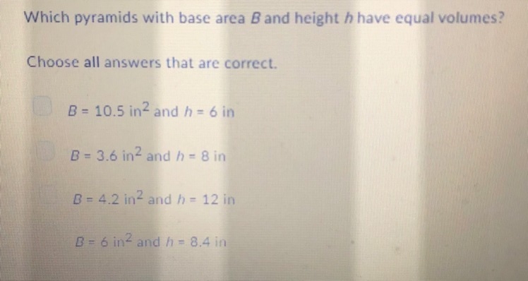 Which pyramids with base area B and height h have equal volumes.-example-1