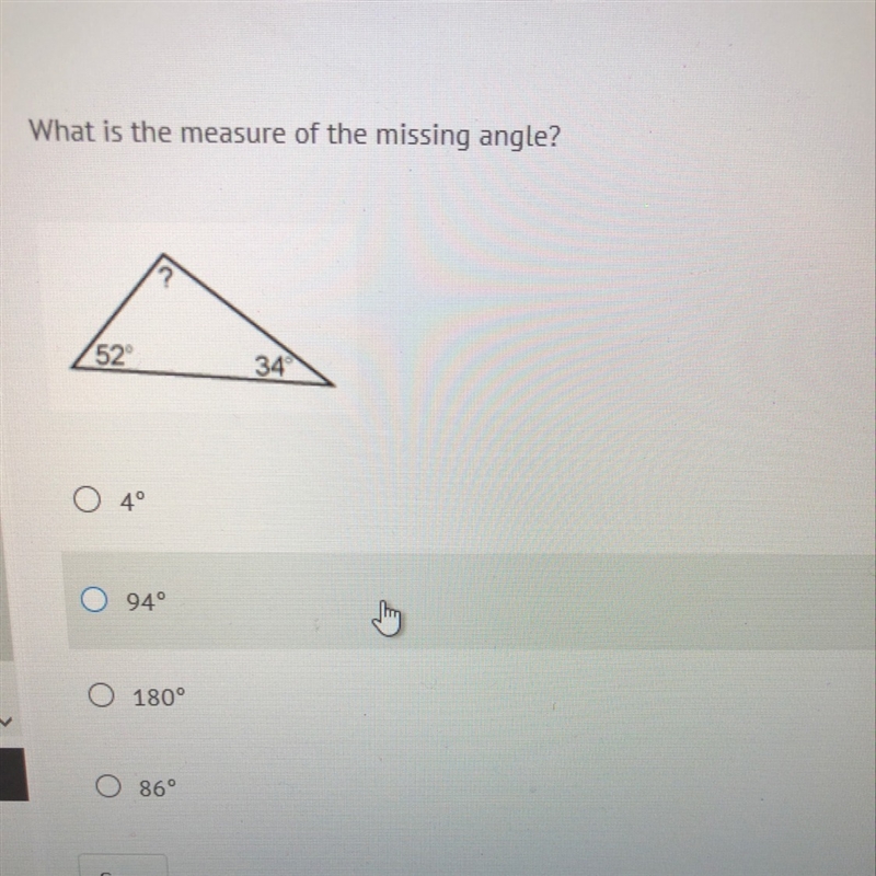 What is the measure of the missing angle?-example-1