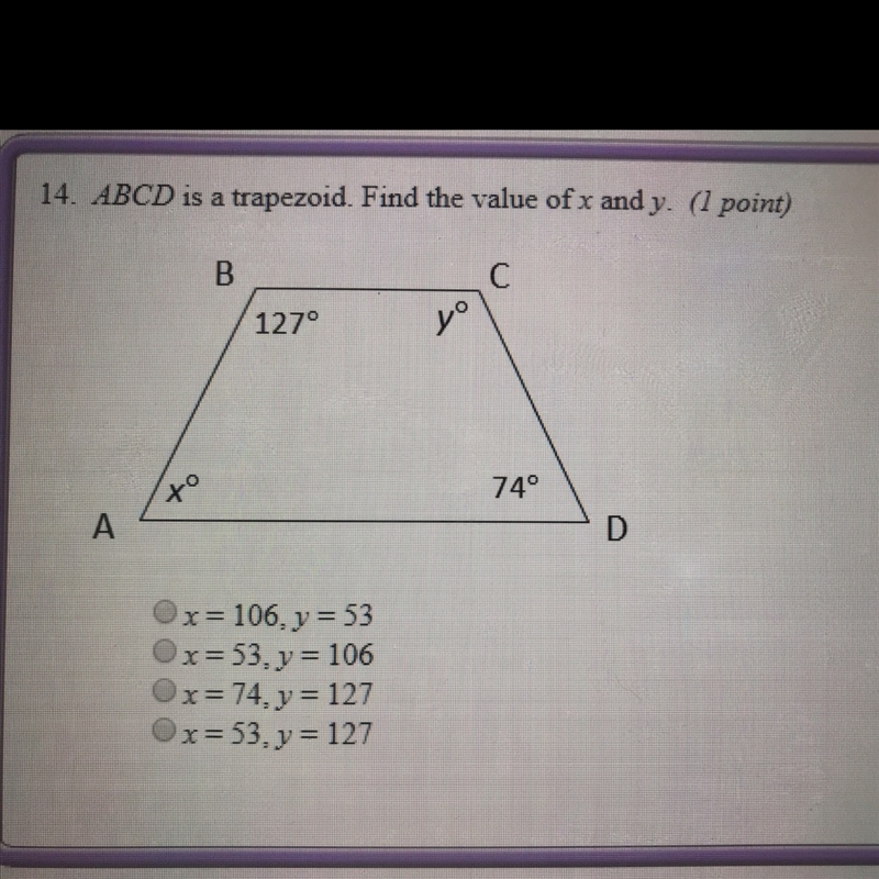 ABCD is a trapezoid find the value of X and y-example-1