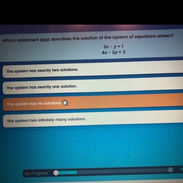 Which statement best describes the solution of the of system of equations shown-example-1